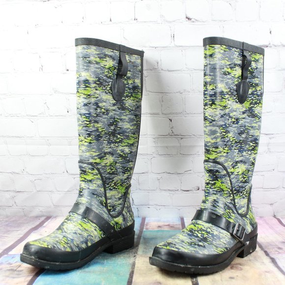 LL Bean Mariner Blue Camouflage Knee High Wellie Rain Boots Size 7 M - Picture 2 of 9